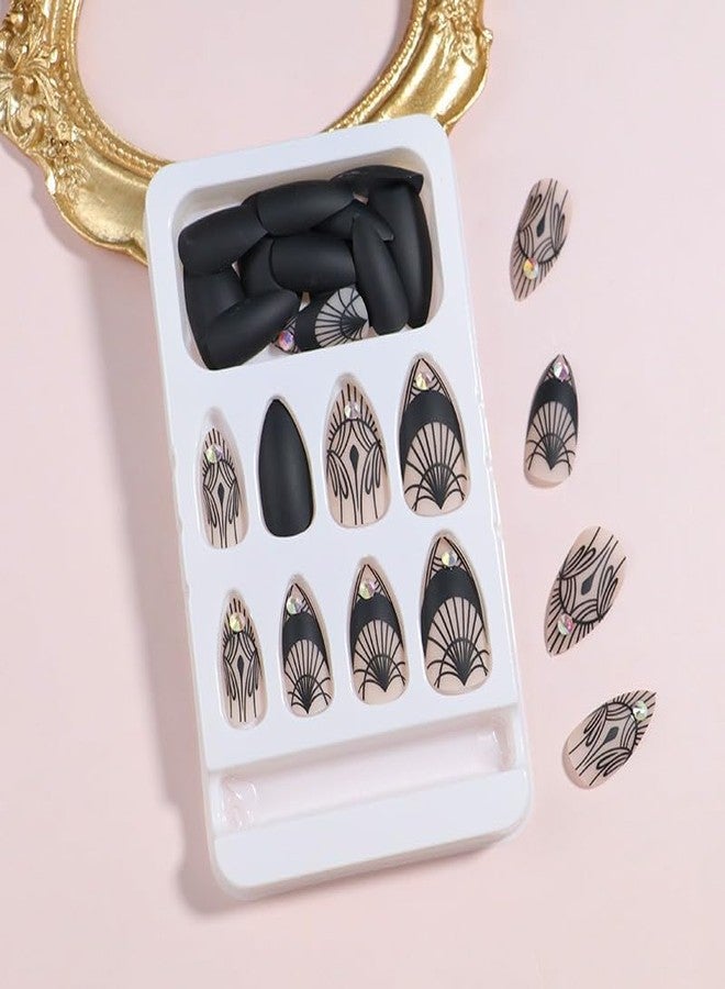 OCOUYVD Press on Nails Medium Almond Stiletto Heel Fake Nails Gothic Mesh Rhinestone Acrylic Nail Glossy Glue on Holiday False Nails Full Cover Stick on Nail for Women Girls 24PCS - Image 4